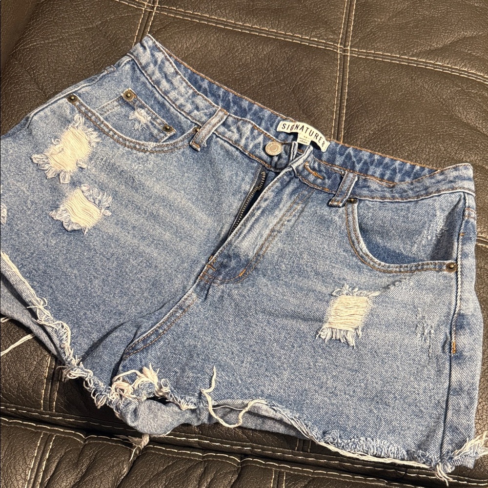 Signature Light Blue Distressed High-Rise Jean Shorts